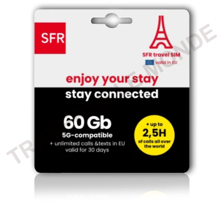 SFR Travel SIM: 60G + Appels & SMS ILLIM en Europe + 2h50 d’appels vers le Monde.