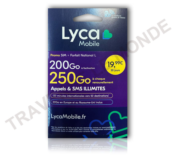 SIM Lyca + Pass National L, illimité +200 GO d’internet Sans Abonnement