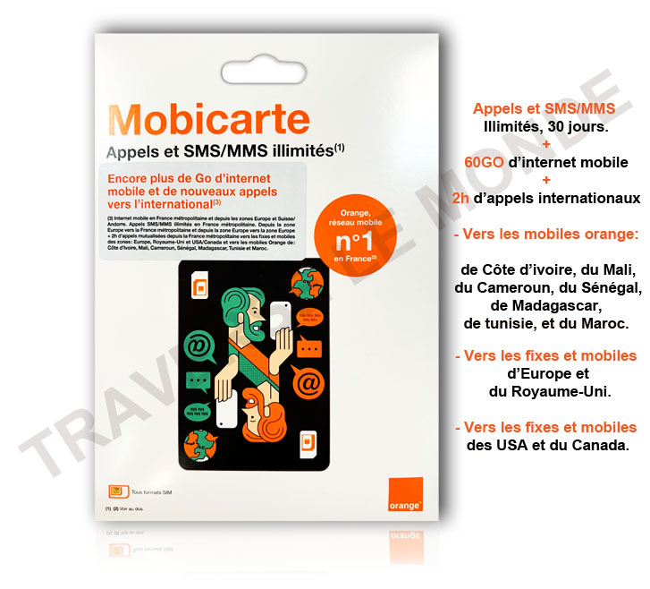 SIM ORANGE -Mobicarte Zen- 60G d’internet+appels et SMS illimité+2h internationaux