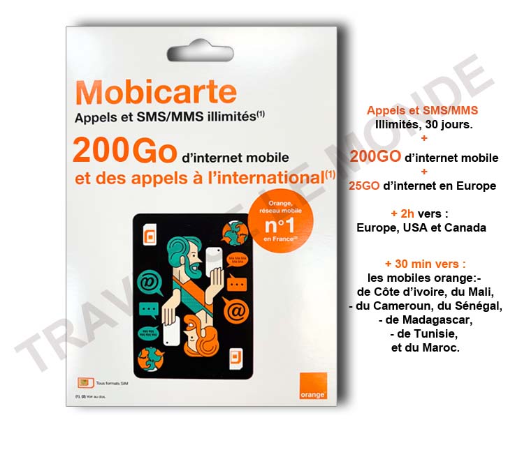 SIM ORANGE -Mobicarte Zen- 200G d’internet+25G en Europe +appels et SMS illimité+2h30 internationaux